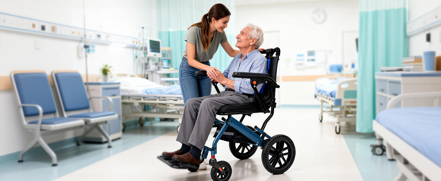 Lightweight Foldable Transport Wheelchair, 10″ Honeycomb Tire, Aviation Aluminum Frame, 220LBS Load Capacity, Comfort Cushion for Seniors Adults Travel & Daily Use