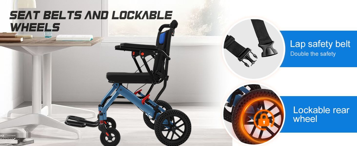 Lightweight Foldable Transport Wheelchair, 10″ Honeycomb Tire, Aviation Aluminum Frame, 220LBS Load Capacity, Comfort Cushion for Seniors Adults Travel & Daily Use