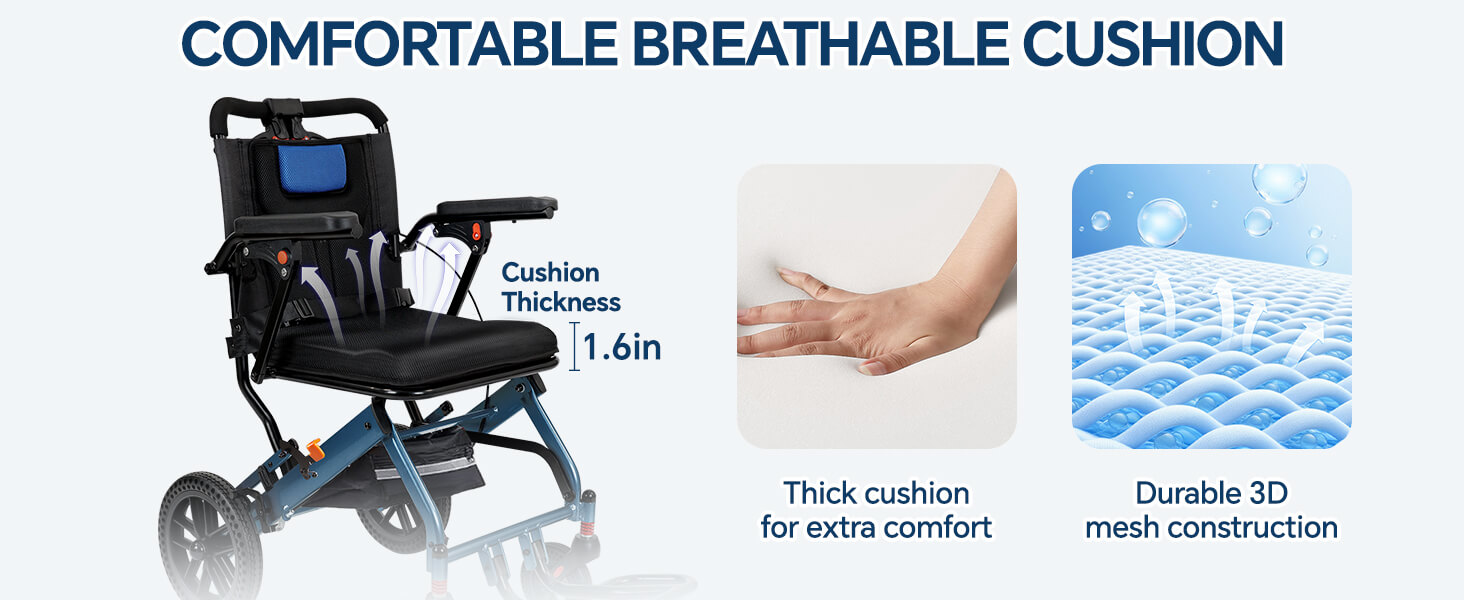 Lightweight Foldable Transport Wheelchair, 10″ Honeycomb Tire, Aviation Aluminum Frame, 220LBS Load Capacity, Comfort Cushion for Seniors Adults Travel & Daily Use