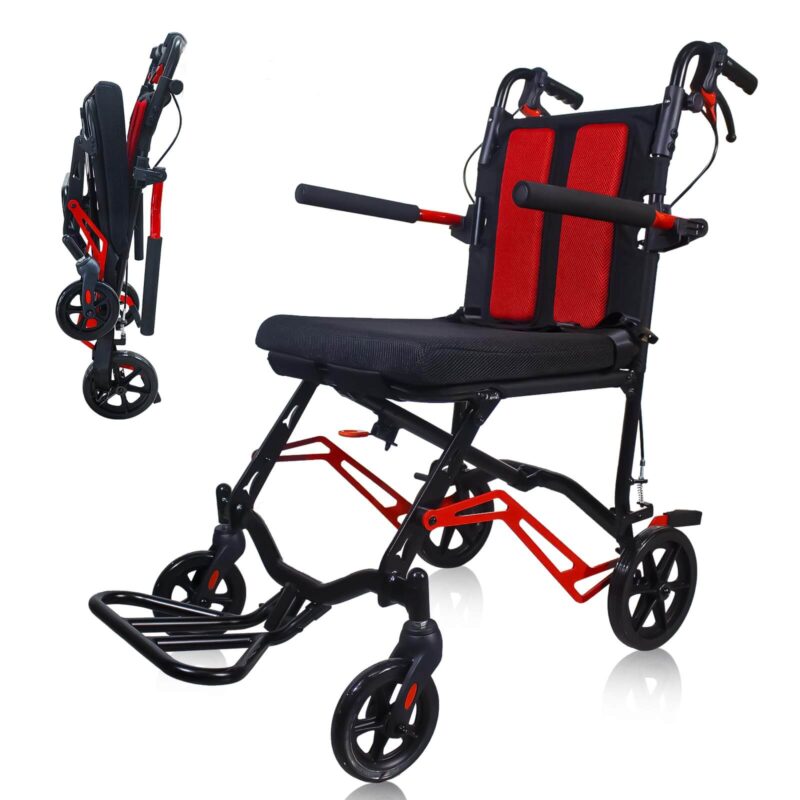 Ultra Lightweight Transport Wheelchair, 18 LBS Foldable Travel Wheelchair with Handbrakes, Flip-Up Armrests & Footrests, Aluminum Alloy Mobility Chair for Adults, Seniors & Kids wheelchairshub.com