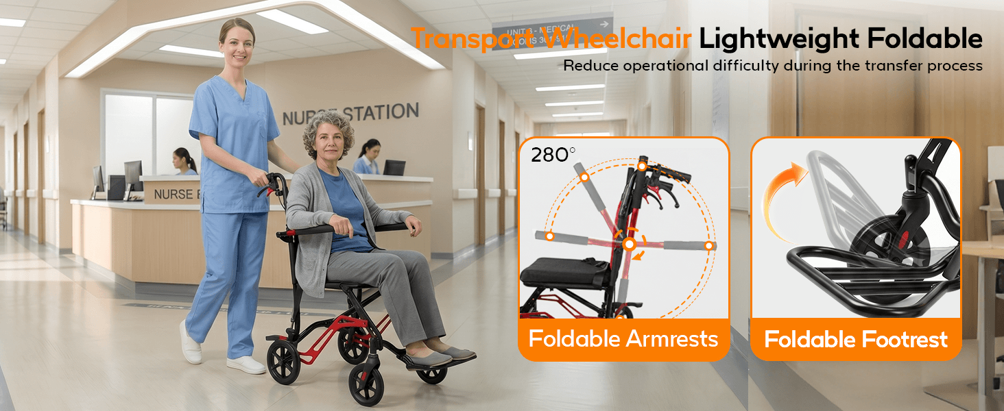 Ultra Lightweight Transport Wheelchair, 18 LBS Foldable Travel Wheelchair with Handbrakes, Flip-Up Armrests & Footrests, Aluminum Alloy Mobility Chair for Adults, Seniors & Kids