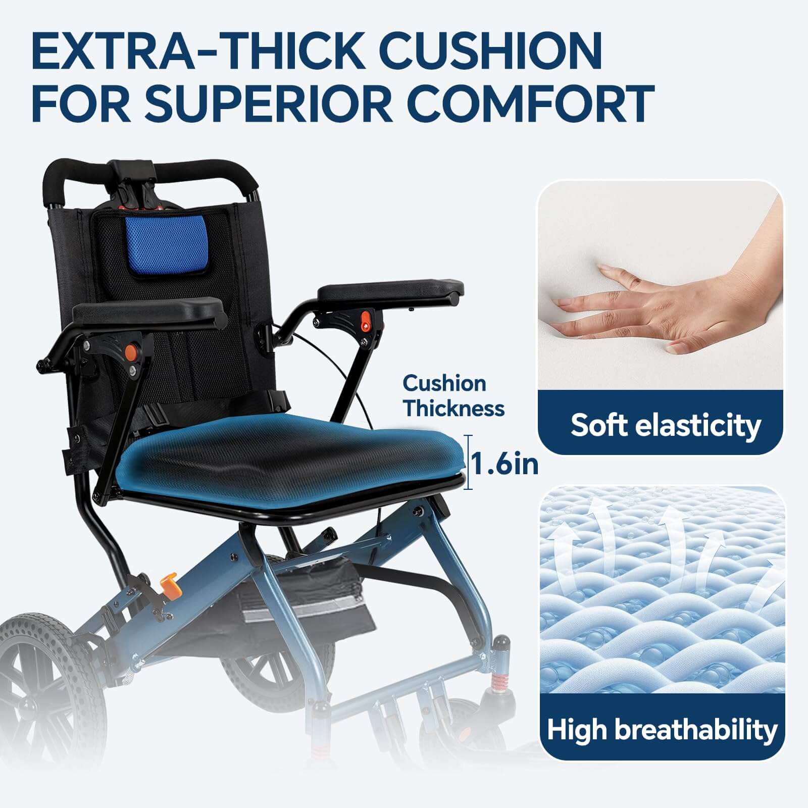Lightweight Foldable Transport Wheelchair, 10″ Honeycomb Tire, Aviation Aluminum Frame, 220LBS Load Capacity, Comfort Cushion for Seniors Adults Travel & Daily Use