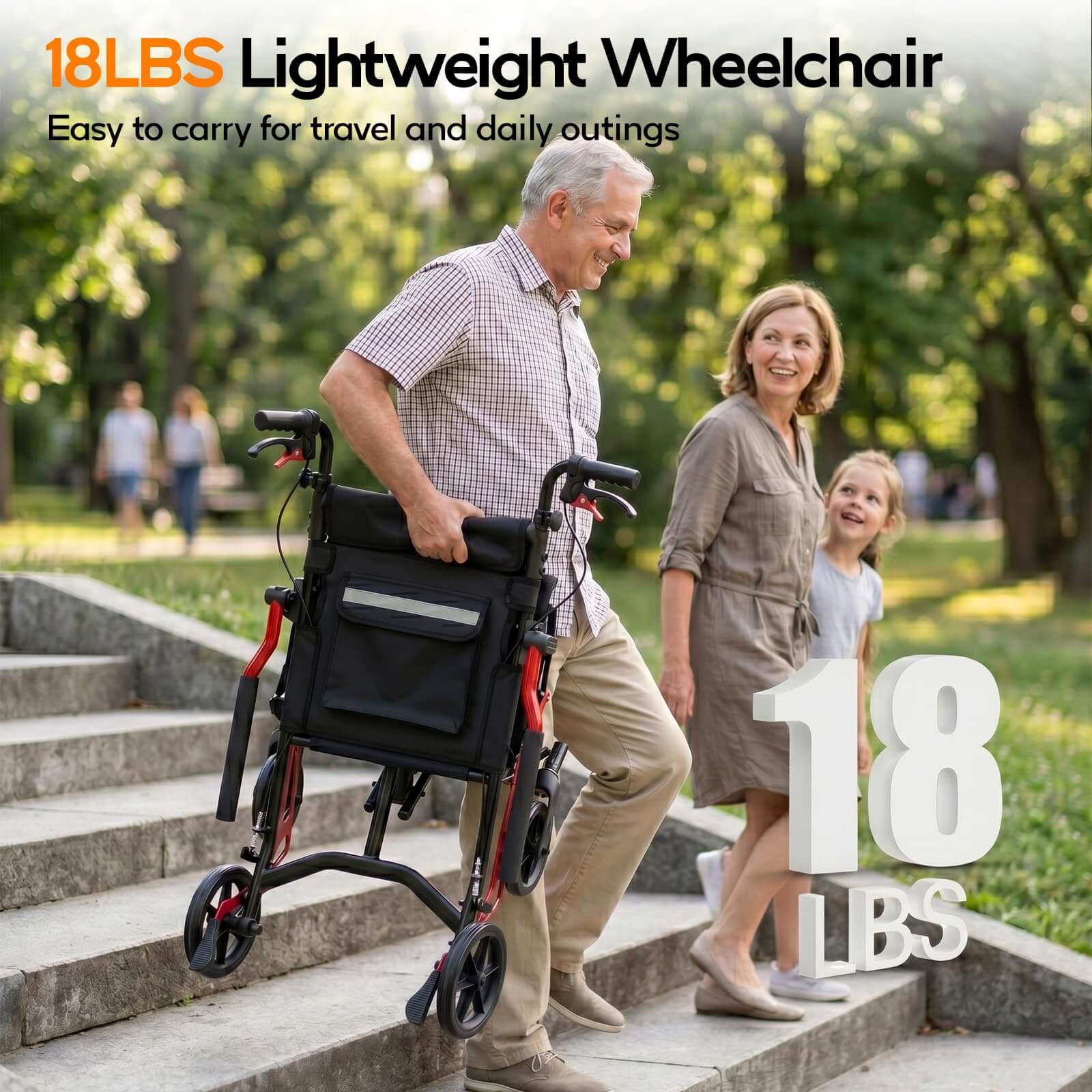 Ultra Lightweight Transport Wheelchair, 18 LBS Foldable Travel Wheelchair with Handbrakes, Flip-Up Armrests & Footrests, Aluminum Alloy Mobility Chair for Adults, Seniors & Kids wheelchairshub.com
