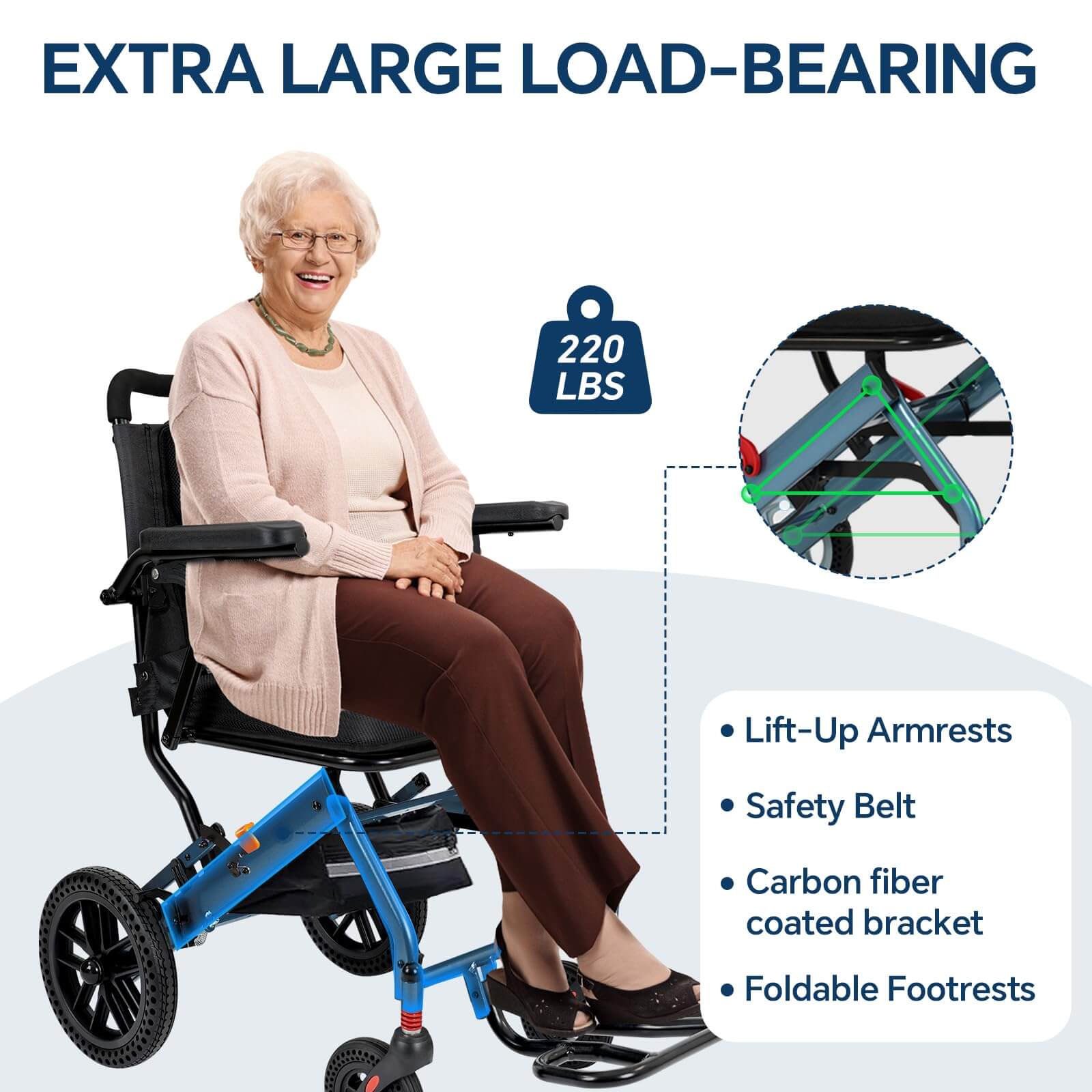Lightweight Foldable Transport Wheelchair, 10″ Honeycomb Tire, Aviation Aluminum Frame, 220LBS Load Capacity, Comfort Cushion for Seniors Adults Travel & Daily Use