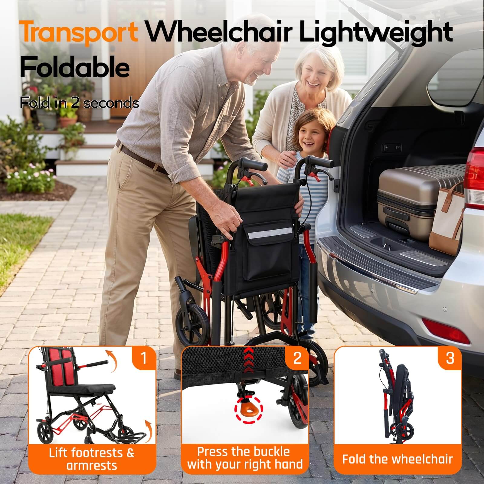 Ultra Lightweight Transport Wheelchair, 18 LBS Foldable Travel Wheelchair with Handbrakes, Flip-Up Armrests & Footrests, Aluminum Alloy Mobility Chair for Adults, Seniors & Kids wheelchairshub.com