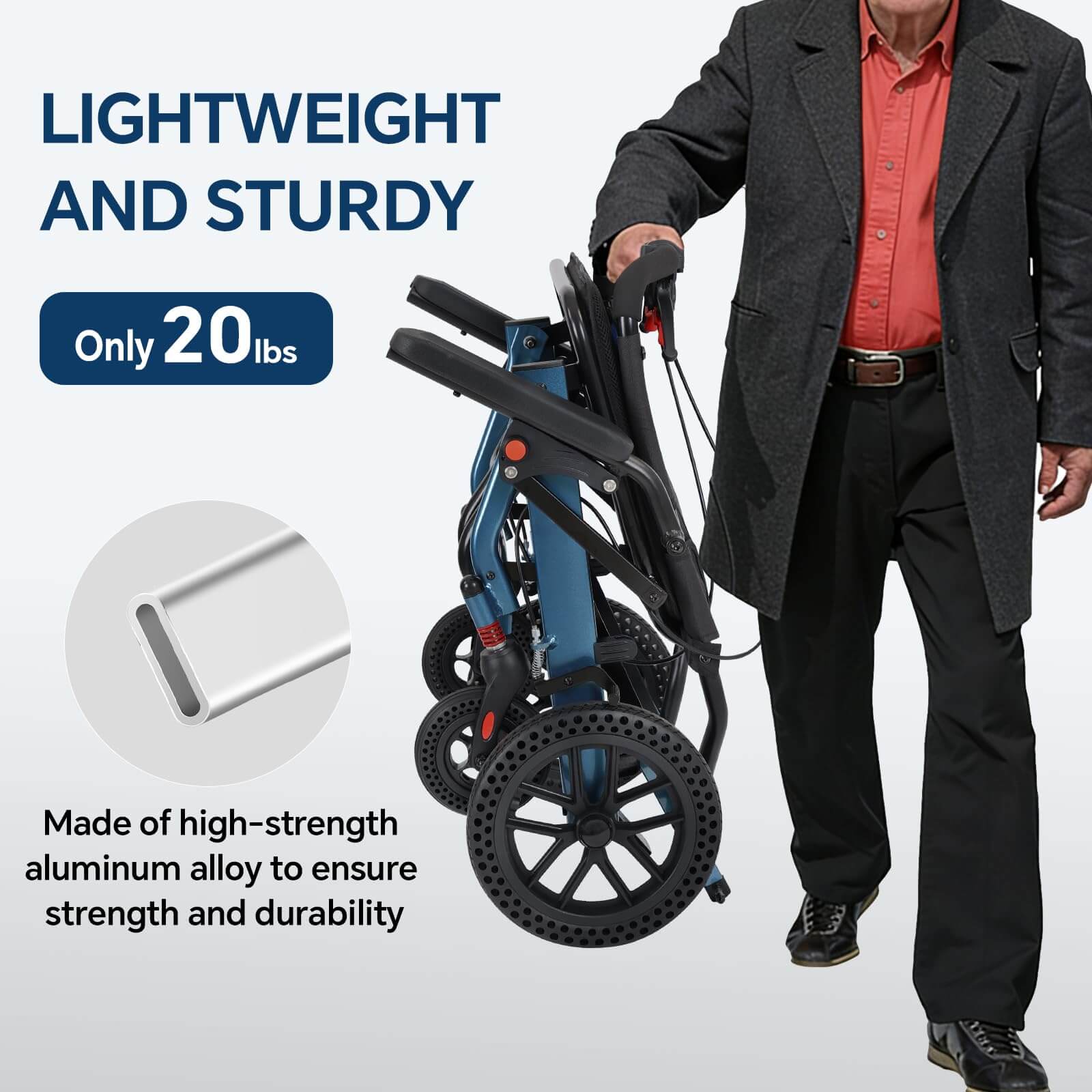 Lightweight Foldable Transport Wheelchair, 10″ Honeycomb Tire, Aviation Aluminum Frame, 220LBS Load Capacity, Comfort Cushion for Seniors Adults Travel & Daily Use