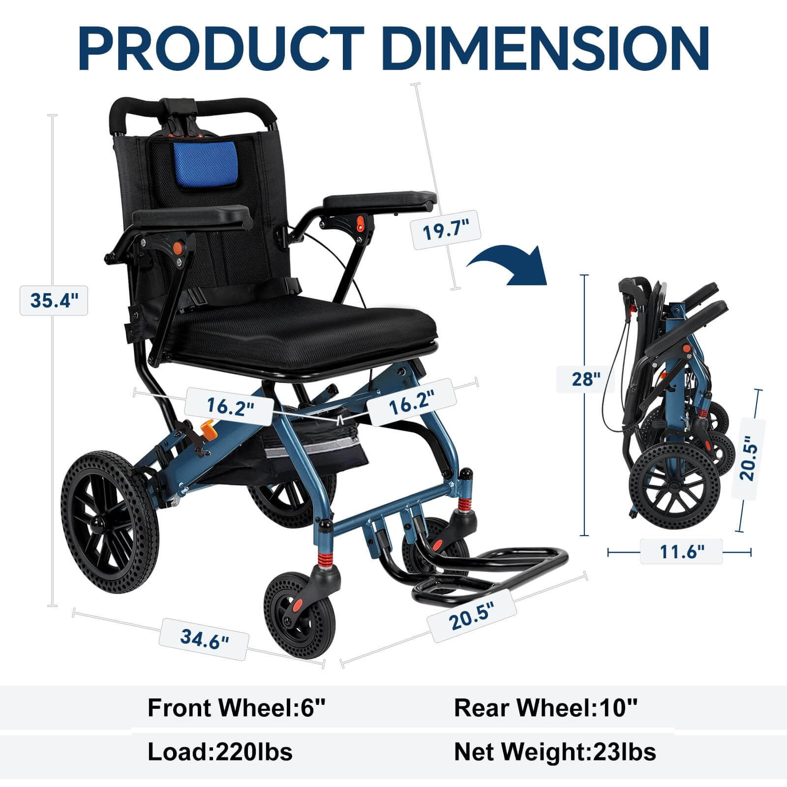 Lightweight Foldable Transport Wheelchair, 10″ Honeycomb Tire, Aviation Aluminum Frame, 220LBS Load Capacity, Comfort Cushion for Seniors Adults Travel & Daily Use
