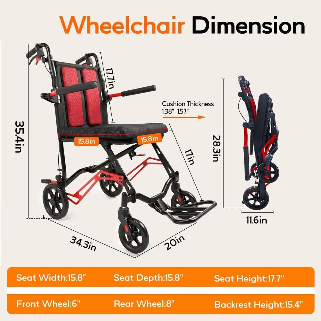 Ultra Lightweight Transport Wheelchair, 18 LBS Foldable Travel Wheelchair with Handbrakes, Flip-Up Armrests & Footrests, Aluminum Alloy Mobility Chair for Adults, Seniors & Kids wheelchairshub.com