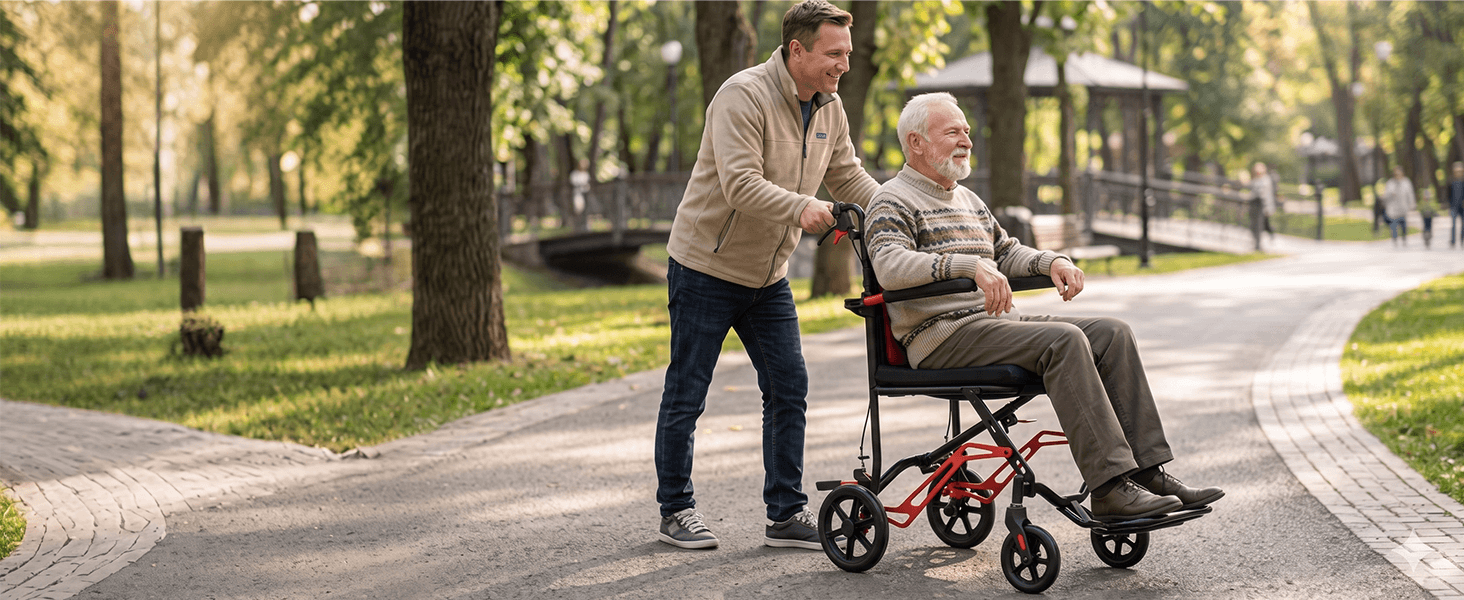 Ultra Lightweight Transport Wheelchair, 18 LBS Foldable Travel Wheelchair with Handbrakes, Flip-Up Armrests & Footrests, Aluminum Alloy Mobility Chair for Adults, Seniors & Kids