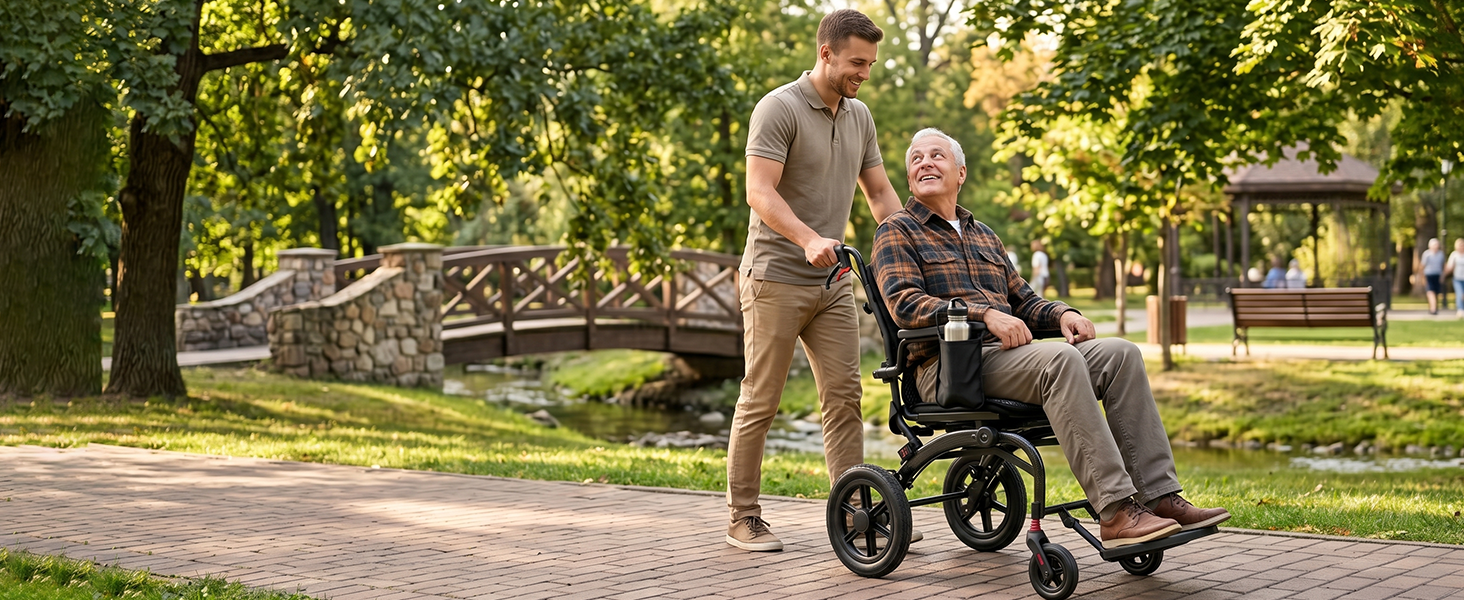 Pro Folding Transport Wheelchair with 12″ Rear Wheels, Adjustable Handles, Ergonomic Backrest & Carbon Fiber Style Frame wheelchairshub.com
