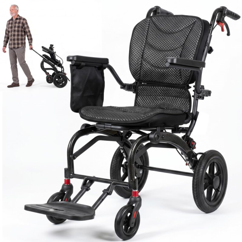 Pro Folding Transport Wheelchair with 12" Rear Wheels, Adjustable Handles, Ergonomic Backrest & Carbon Fiber Style Frame wheelchairshub.com