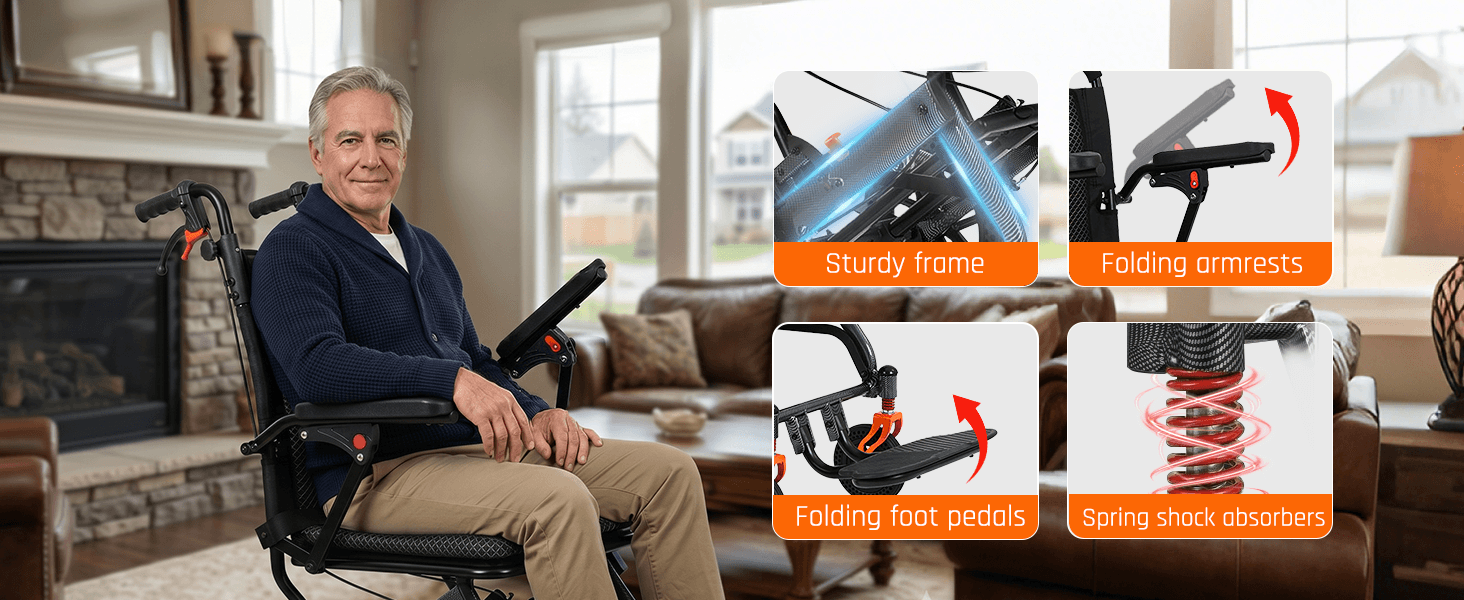 Lightweight Folding Transport Wheelchair with Pull Handle, Dual Suspension & 10″ PU Tires – Portable Travel Wheelchair for Adults, Foldable Armrests & Footrests wheelchairshub.com