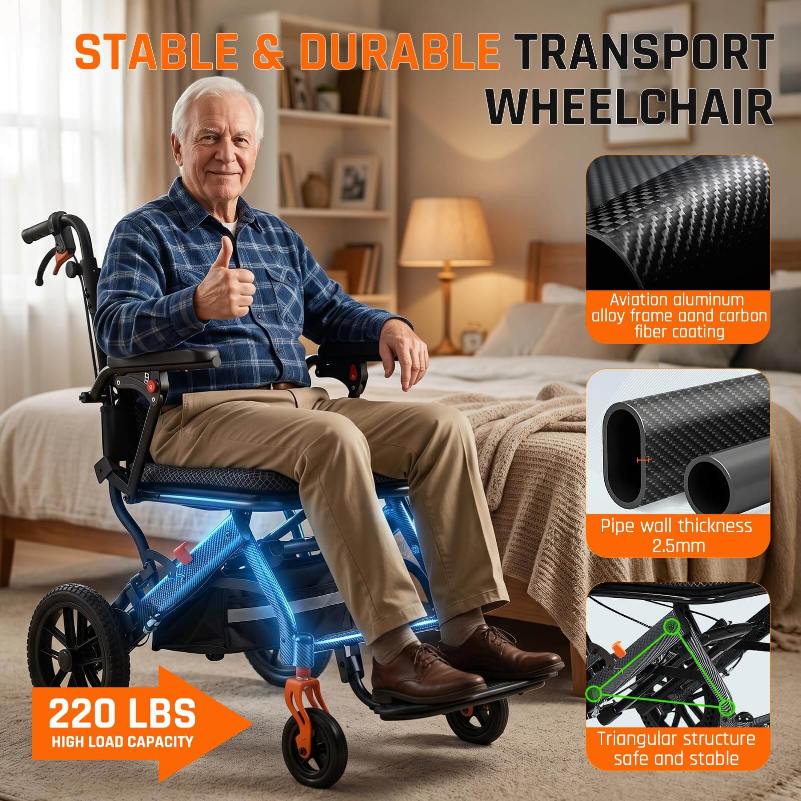 Lightweight Folding Transport Wheelchair with Pull Handle, Dual Suspension & 10″ PU Tires – Portable Travel Wheelchair for Adults, Foldable Armrests & Footrests wheelchairshub.com