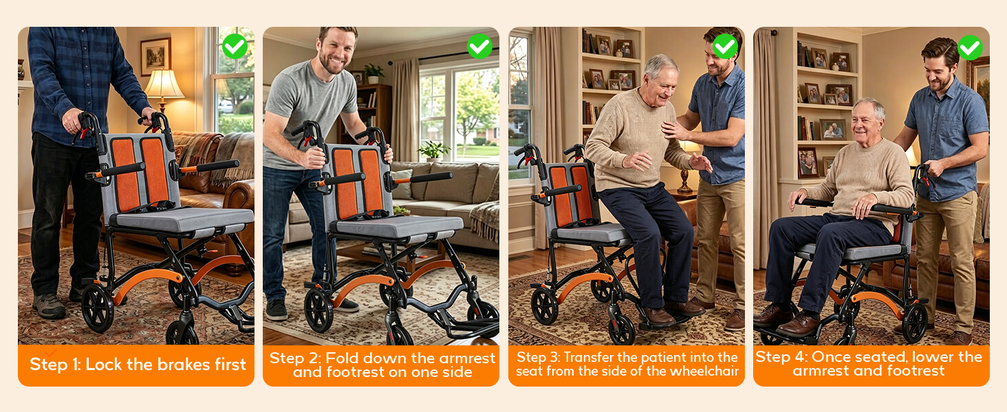 18LB Ultra Lightweight Folding Transport Wheelchair with Flip-Up Footrests, Fold-Back Armrests & Hand Brakes – Portable Travel Wheelchair for Adults, Seniors & Kids, Orange wheelchairshub.com