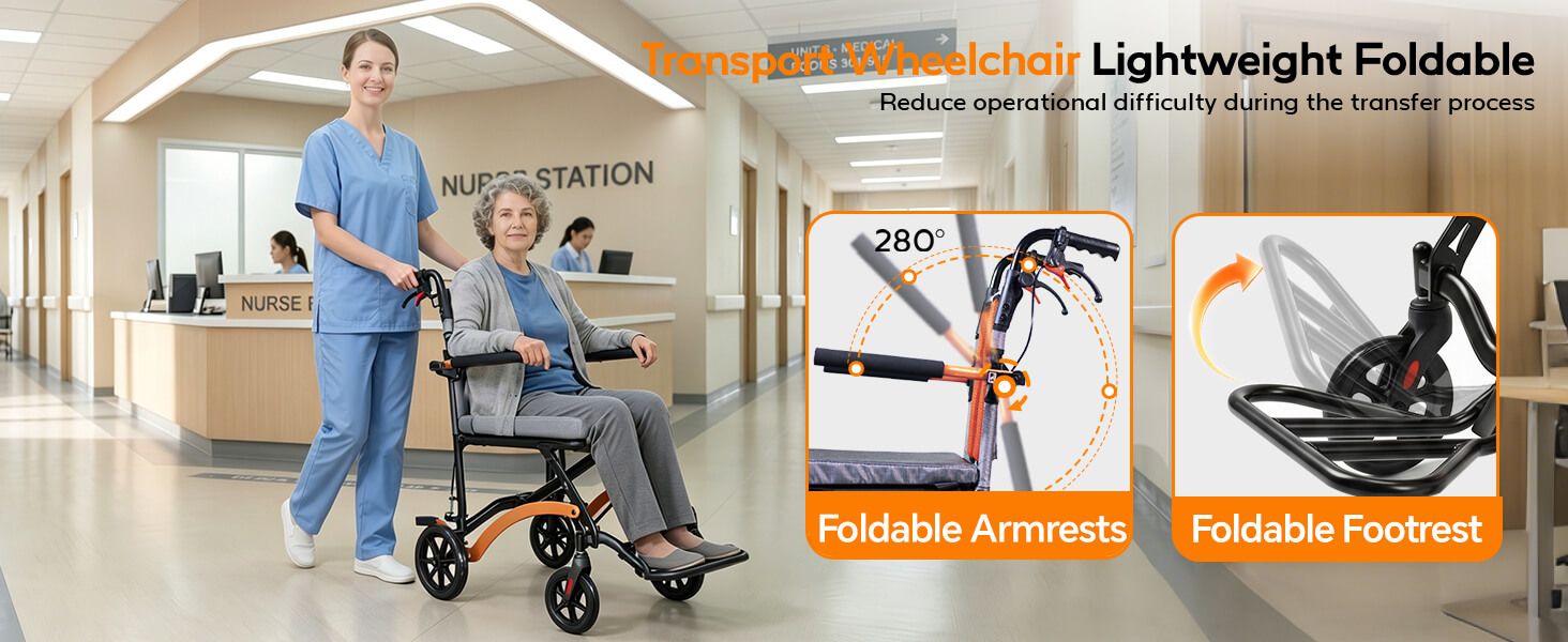 18LB Ultra Lightweight Folding Transport Wheelchair with Flip-Up Footrests, Fold-Back Armrests & Hand Brakes – Portable Travel Wheelchair for Adults, Seniors & Kids, Orange wheelchairshub.com