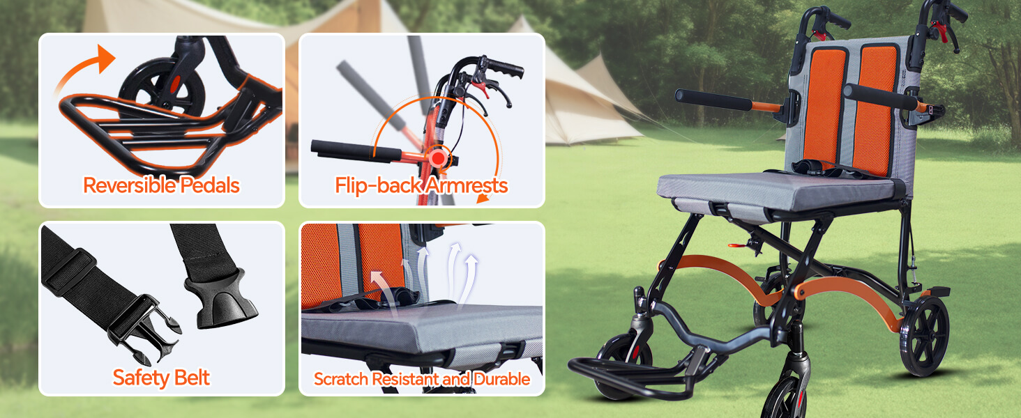 18LB Ultra Lightweight Folding Transport Wheelchair with Flip-Up Footrests, Fold-Back Armrests & Hand Brakes – Portable Travel Wheelchair for Adults, Seniors & Kids, Orange wheelchairshub.com