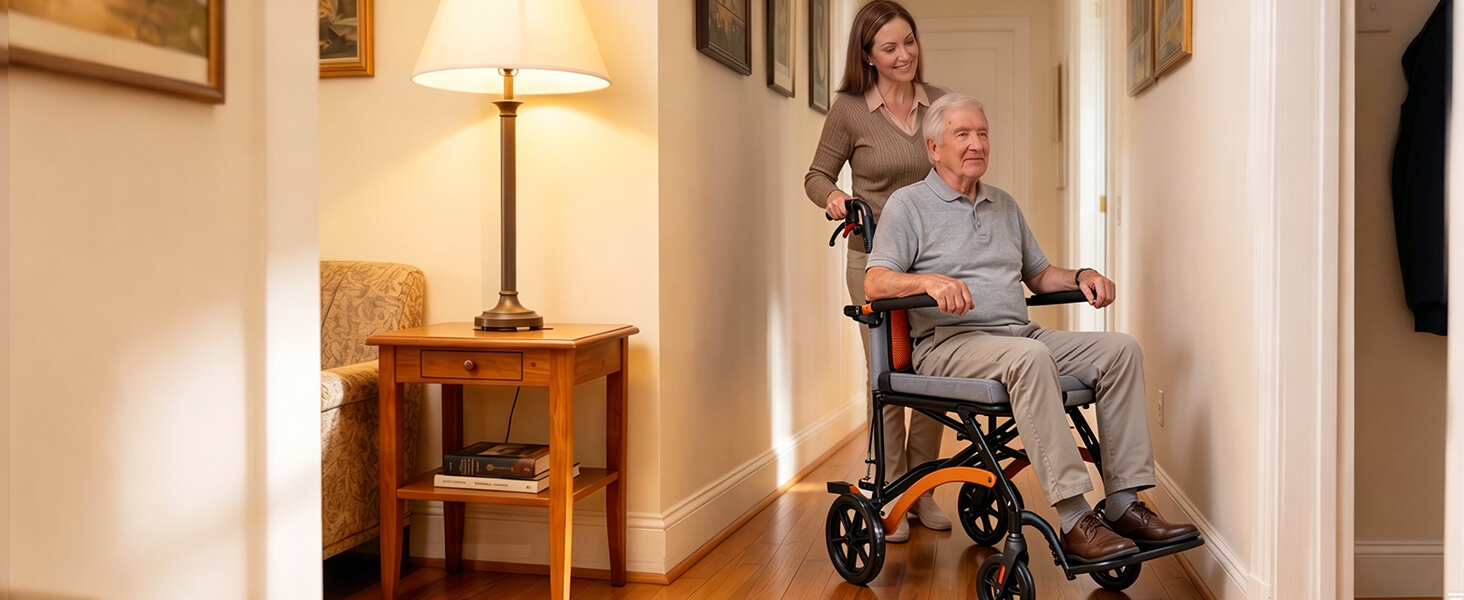 18LB Ultra Lightweight Folding Transport Wheelchair with Flip-Up Footrests, Fold-Back Armrests & Hand Brakes – Portable Travel Wheelchair for Adults, Seniors & Kids, Orange wheelchairshub.com