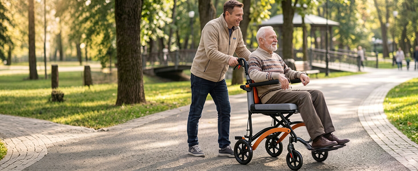 18LB Ultra Lightweight Folding Transport Wheelchair with Flip-Up Footrests, Fold-Back Armrests & Hand Brakes – Portable Travel Wheelchair for Adults, Seniors & Kids, Orange wheelchairshub.com