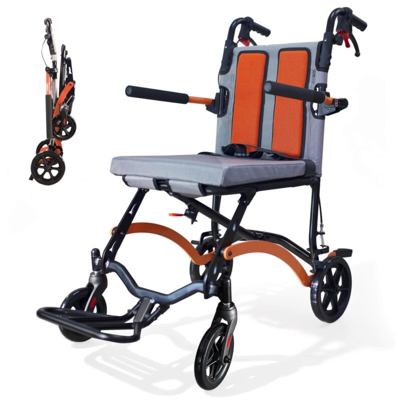 18LB Ultra Lightweight Folding Transport Wheelchair with Flip-Up Footrests, Fold-Back Armrests & Hand Brakes – Portable Travel Wheelchair for Adults, Seniors & Kids, Orange wheelchairshub.com