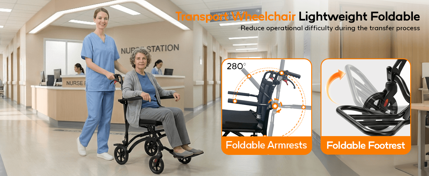 18LBS Ultra Lightweight Folding Transport Wheelchair with Hand Brakes, Foldable Armrests & Footrests, Compact Travel Wheelchair for Adults, Seniors & Kids wheelchairshub.com