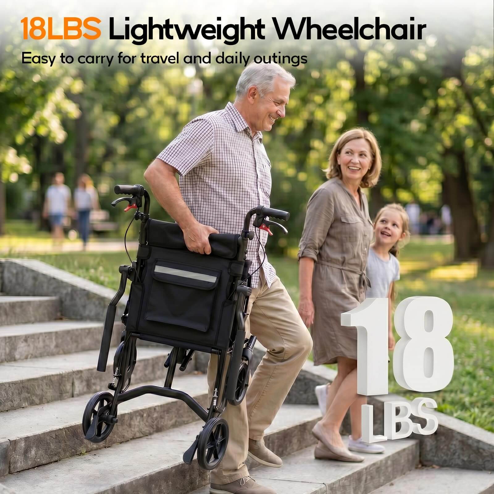 18LBS Ultra Lightweight Folding Transport Wheelchair with Hand Brakes, Foldable Armrests & Footrests, Compact Travel Wheelchair for Adults, Seniors & Kids wheelchairshub.com