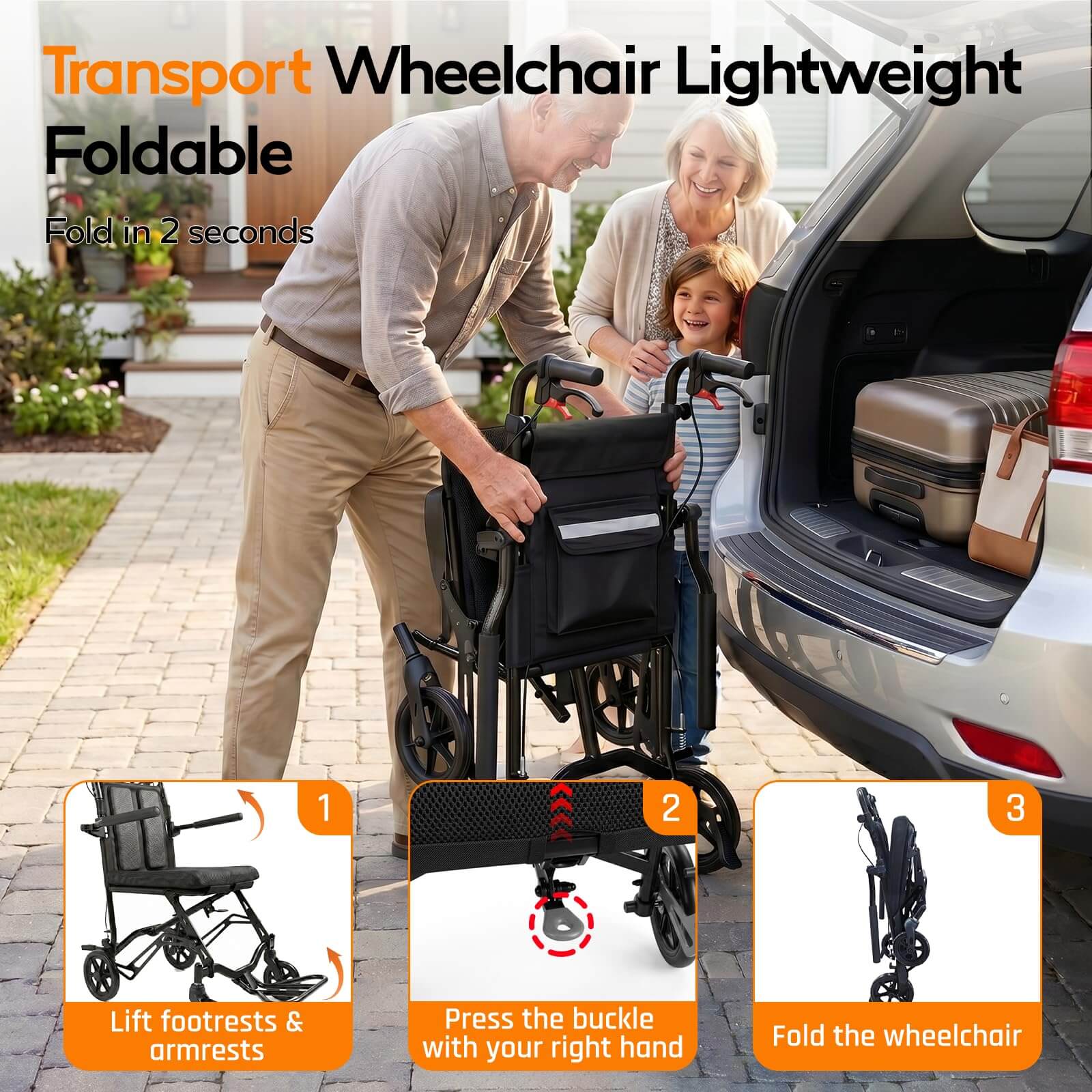18LBS Ultra Lightweight Folding Transport Wheelchair with Hand Brakes, Foldable Armrests & Footrests, Compact Travel Wheelchair for Adults, Seniors & Kids wheelchairshub.com
