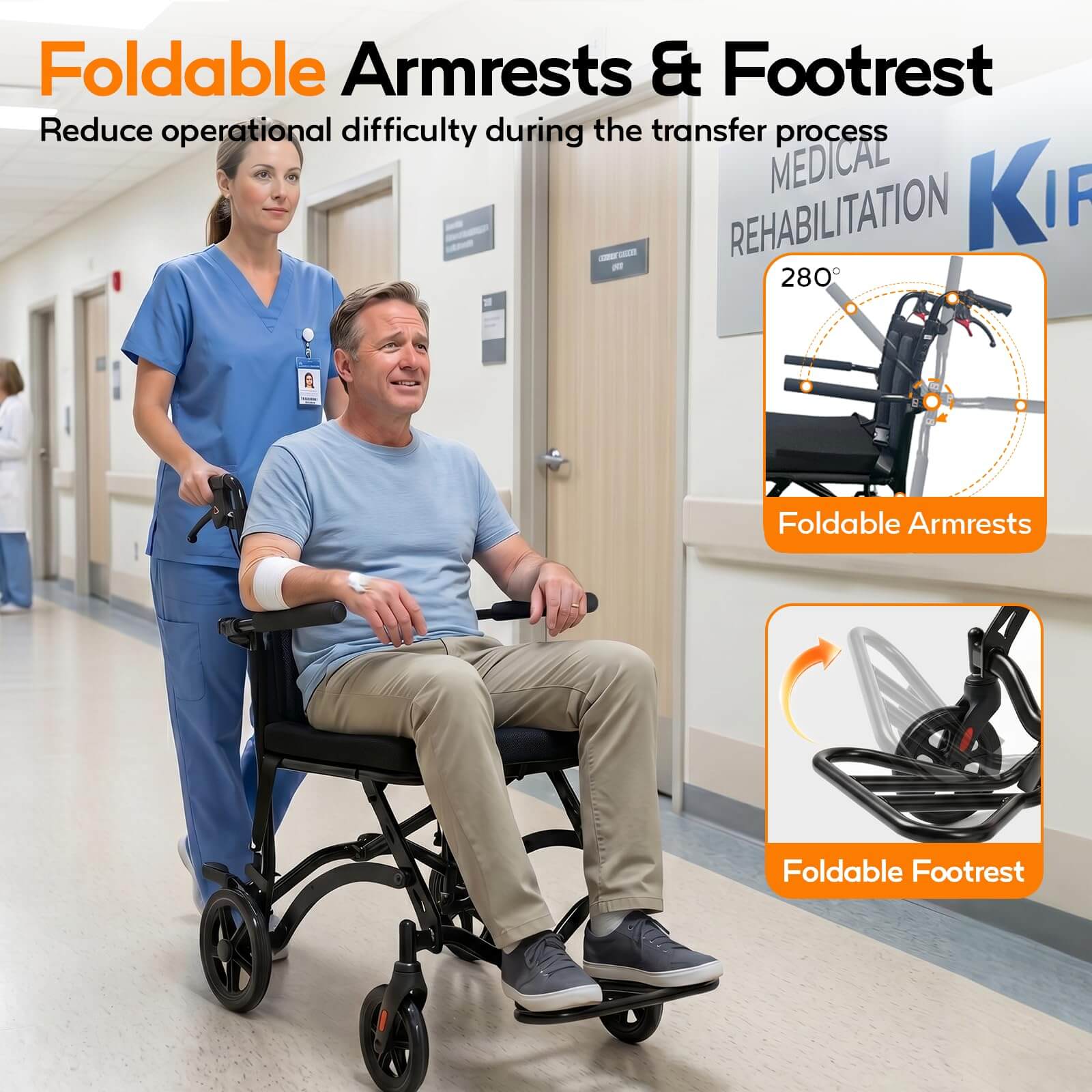 18LBS Ultra Lightweight Folding Transport Wheelchair with Hand Brakes, Foldable Armrests & Footrests, Compact Travel Wheelchair for Adults, Seniors & Kids wheelchairshub.com