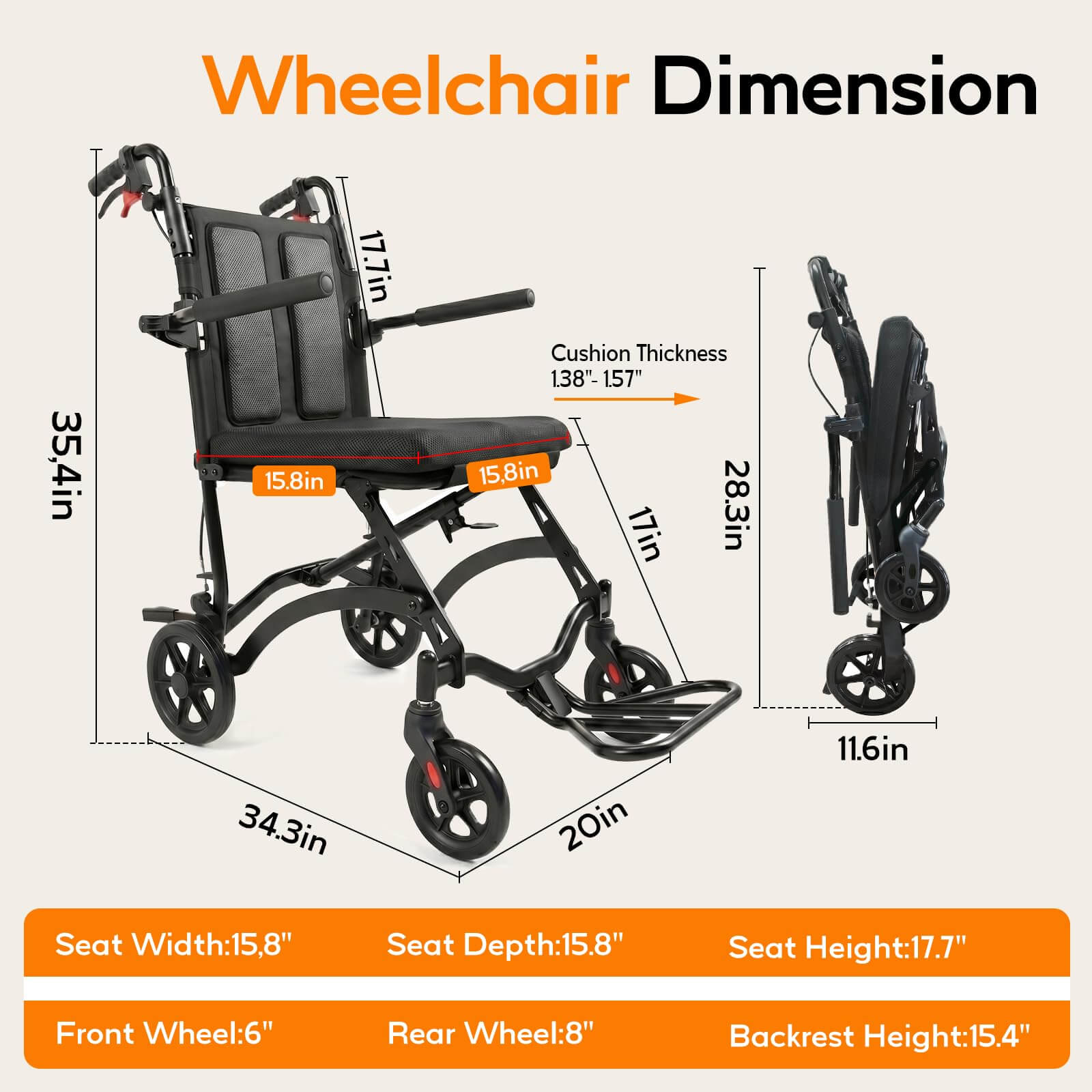 18LBS Ultra Lightweight Folding Transport Wheelchair with Hand Brakes, Foldable Armrests & Footrests, Compact Travel Wheelchair for Adults, Seniors & Kids wheelchairshub.com
