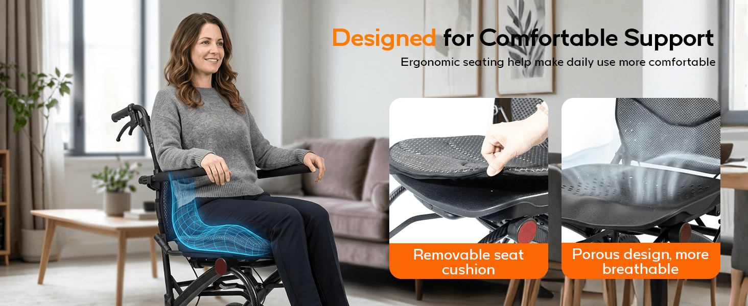 Basic Lightweight Folding Transport Wheelchair with Pull Handle, Ergonomic Seat & Carbon Fiber Style Frame wheelchairshub.com