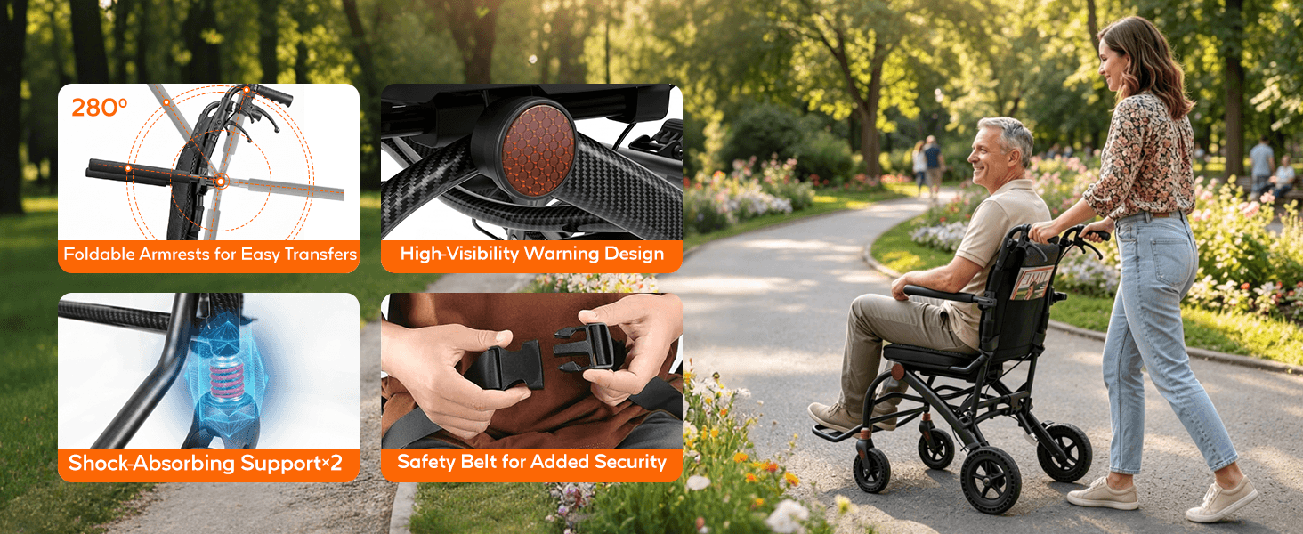 Basic Lightweight Folding Transport Wheelchair with Pull Handle, Ergonomic Seat & Carbon Fiber Style Frame wheelchairshub.com